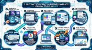 Infographic showing 7 ways to create business website using AI tools in 2026. It covers picking AI builders like Wix or Hostinger, entering business details, generating automated layouts, and using AI
